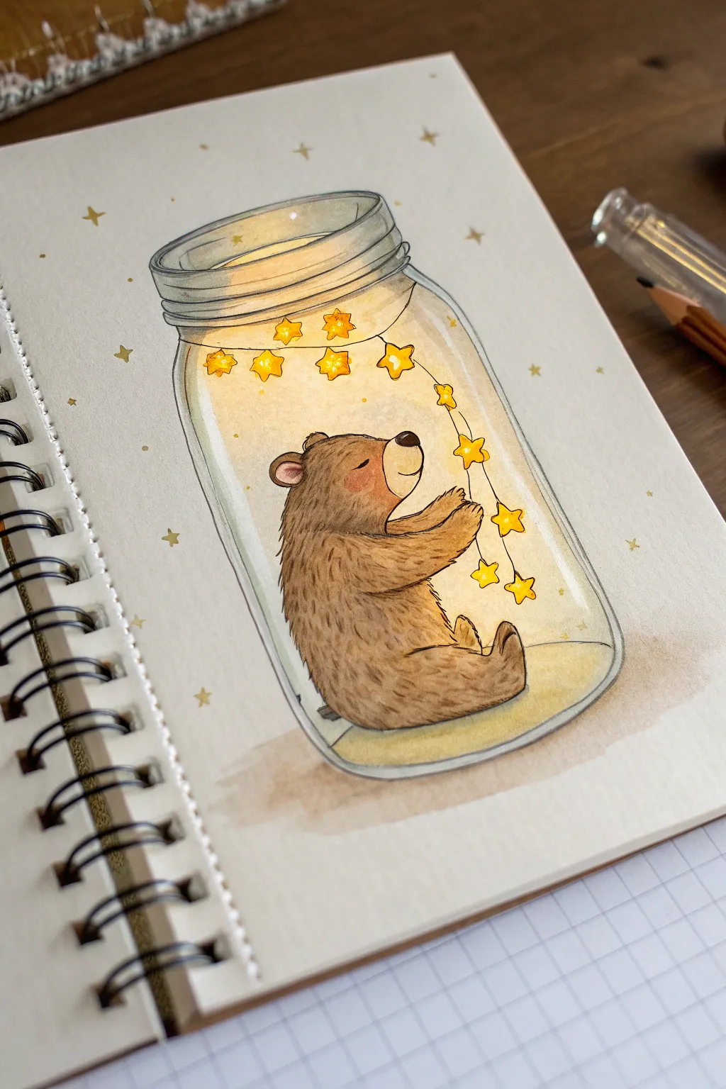 Tiny bear hugging a glowing jar of fireflies, a cozy minimalist hard drawing idea