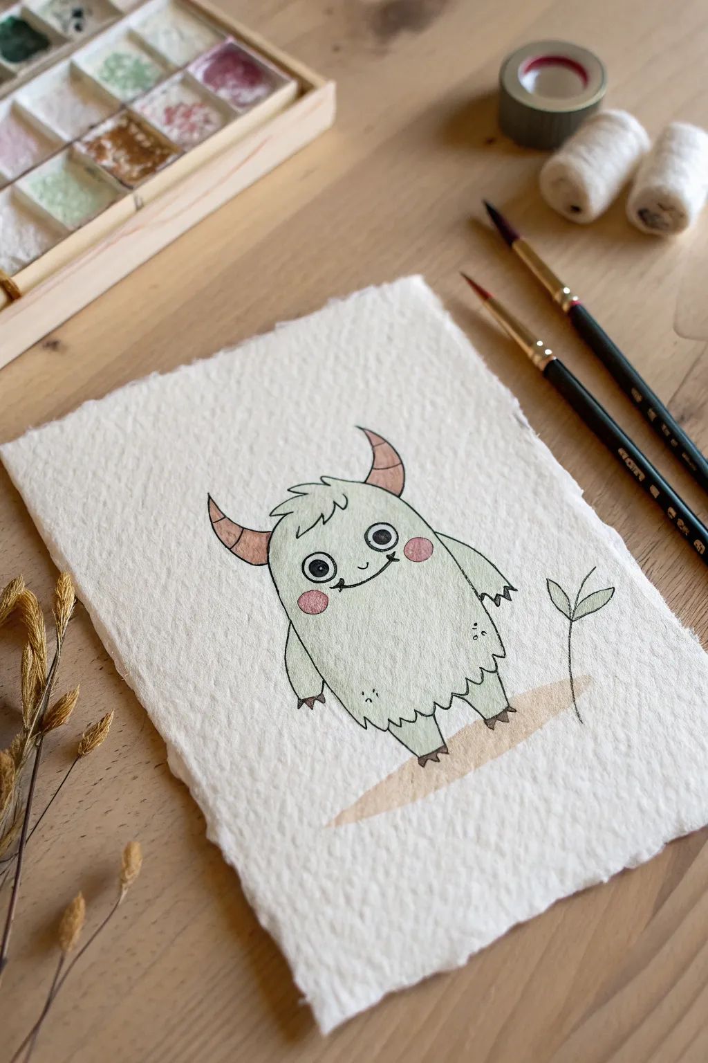 Soft horn nubs monster with marshmallow horns, a minimalist cute drawing idea for cozy sketching