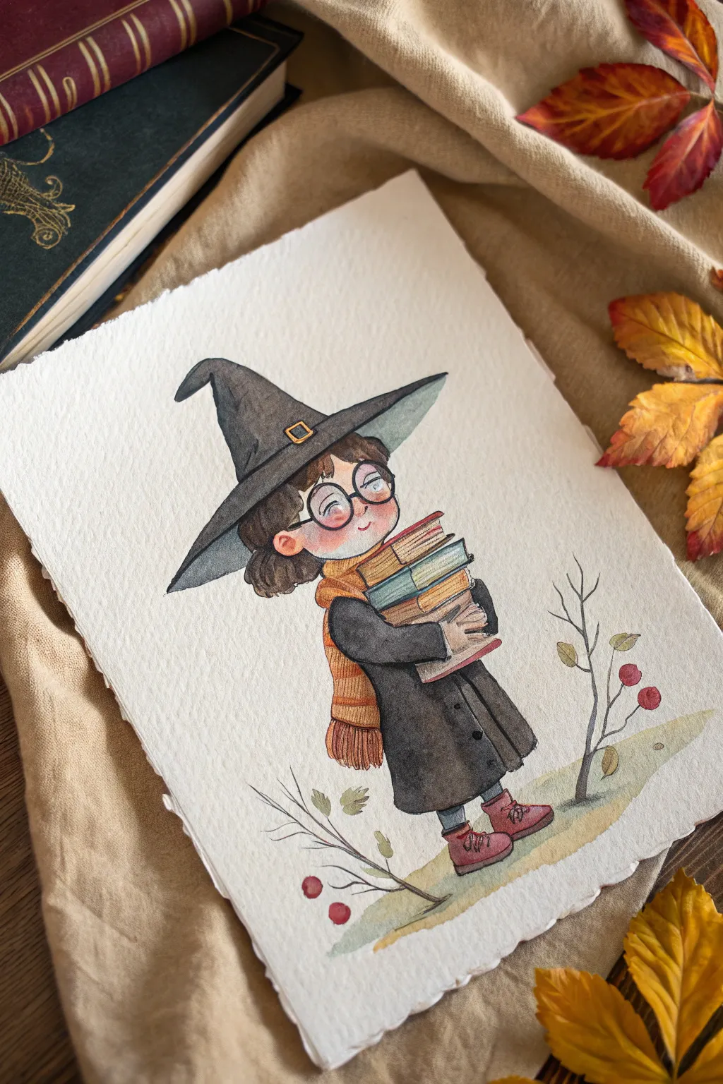 Shy library witch-in-training with oversized hat, glasses, and books in calm boho tones.