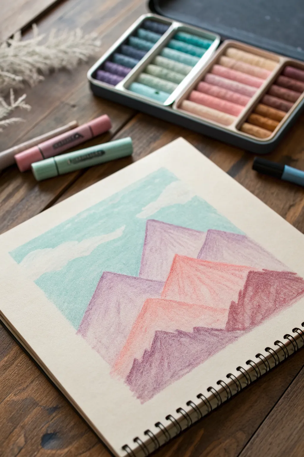 Candy-color mountain layers in oil pastel, a simple stacked landscape anyone can draw today.