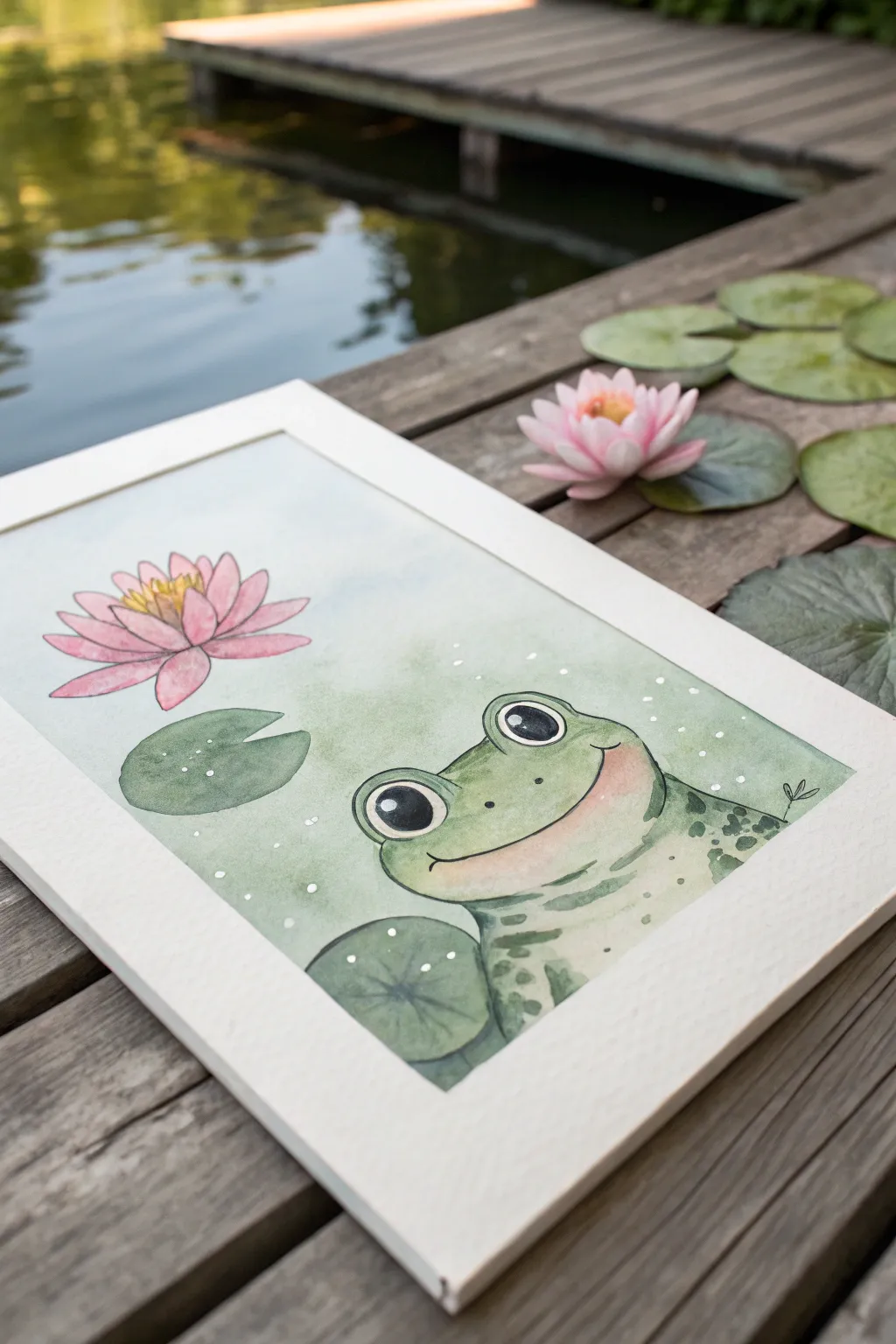 Paint a mint-and-pink smiley frog in a calm lily pond for an instant cute aesthetic.