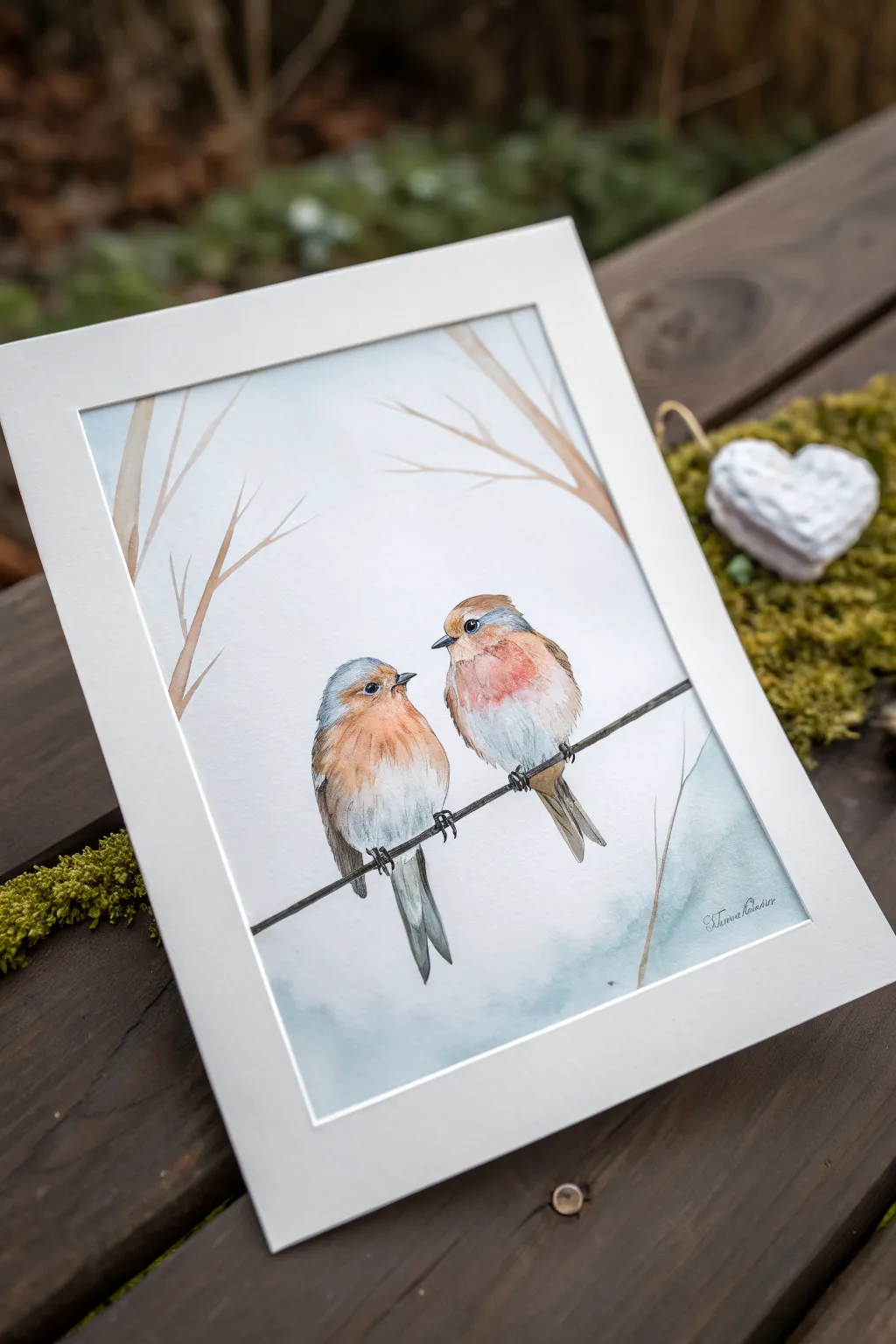 Sweet lovebirds watercolor with a heart-shaped gap, a simple painting idea for your boyfriend.
