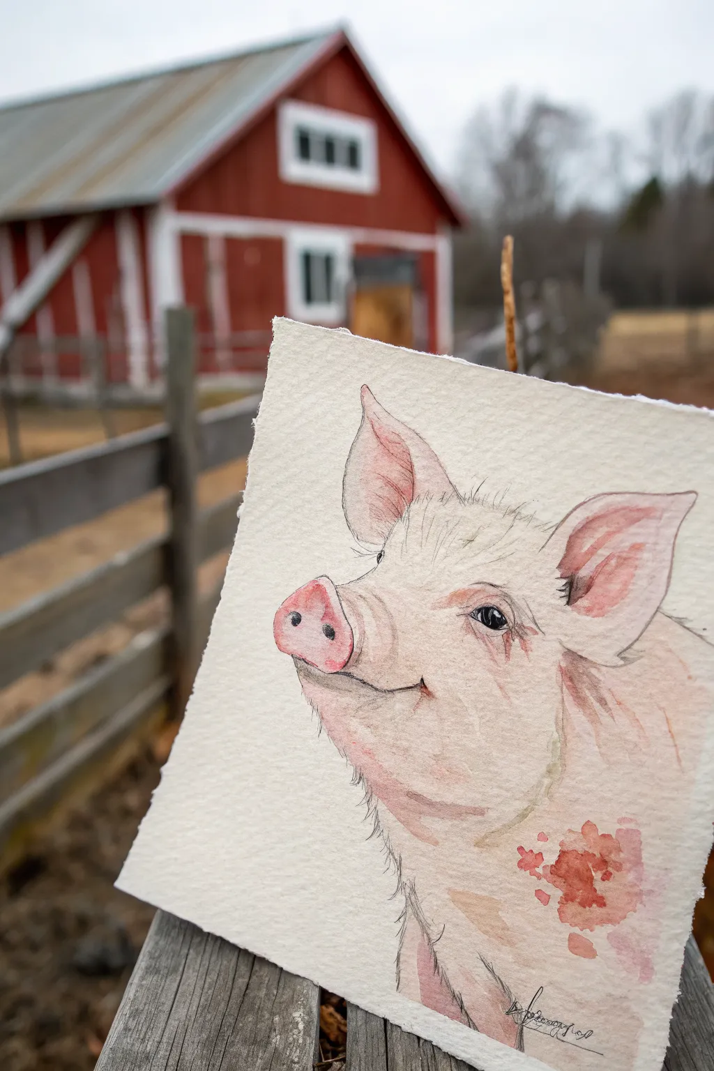 Bright pink barnyard pig portrait with a softly blurred barn backdrop in minimalist boho style