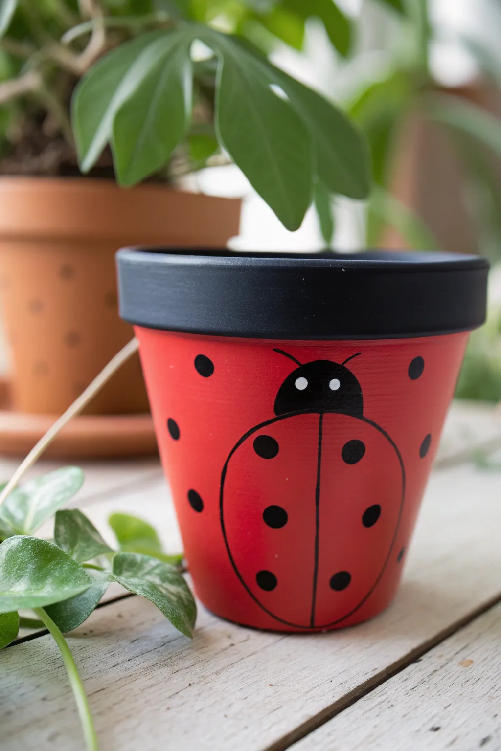 Paint a sweet ladybug pot with bold spots and tiny wings, framed by fresh green leaves
