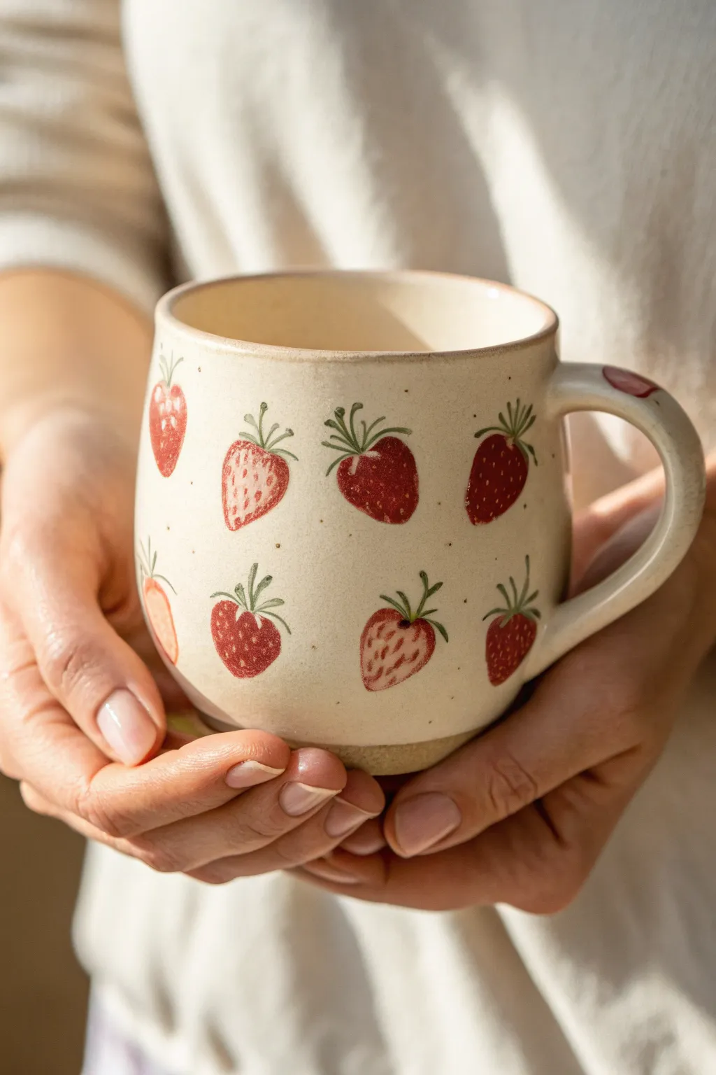 Paint a sweet strawberry patch mug for cozy tea moments and beginner friendly pottery art.