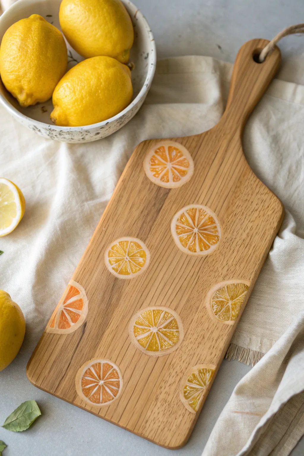 Minimalist paddle board painted with citrus slices, warm wood grain, and fresh lemon accents