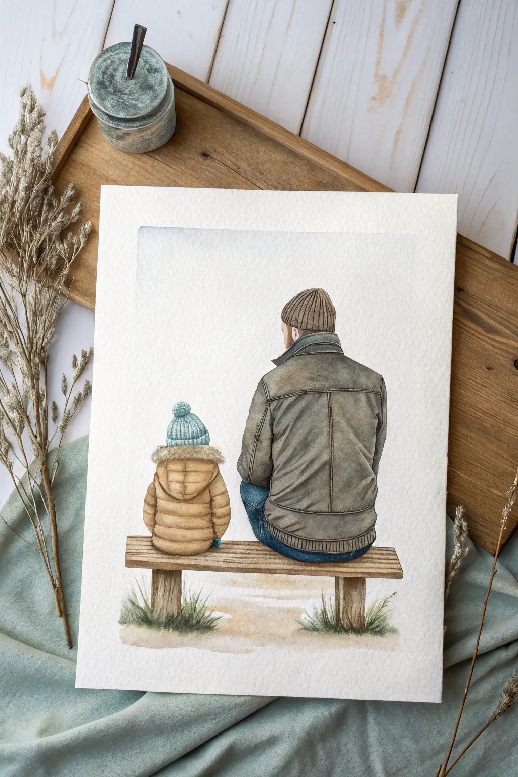 Minimal back-view dad and child painting idea, cozy Scandinavian tones with a boho touch