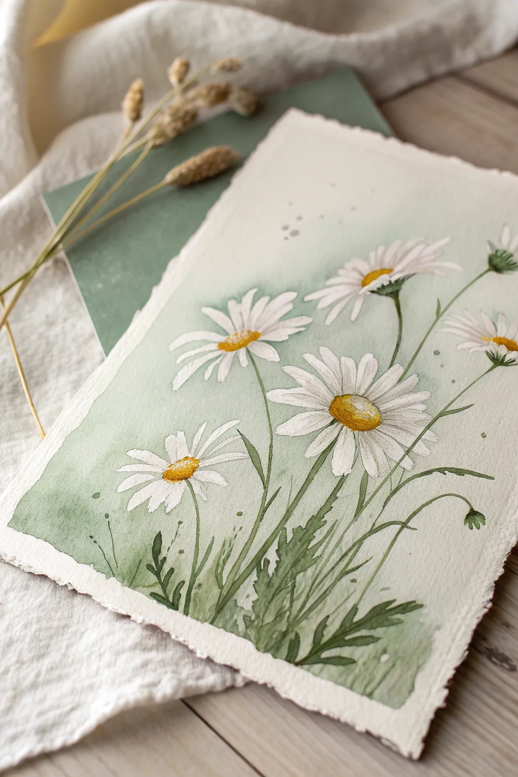 Loose watercolor daisies with soft bleeds, warm yellow centers, and a gentle green wash