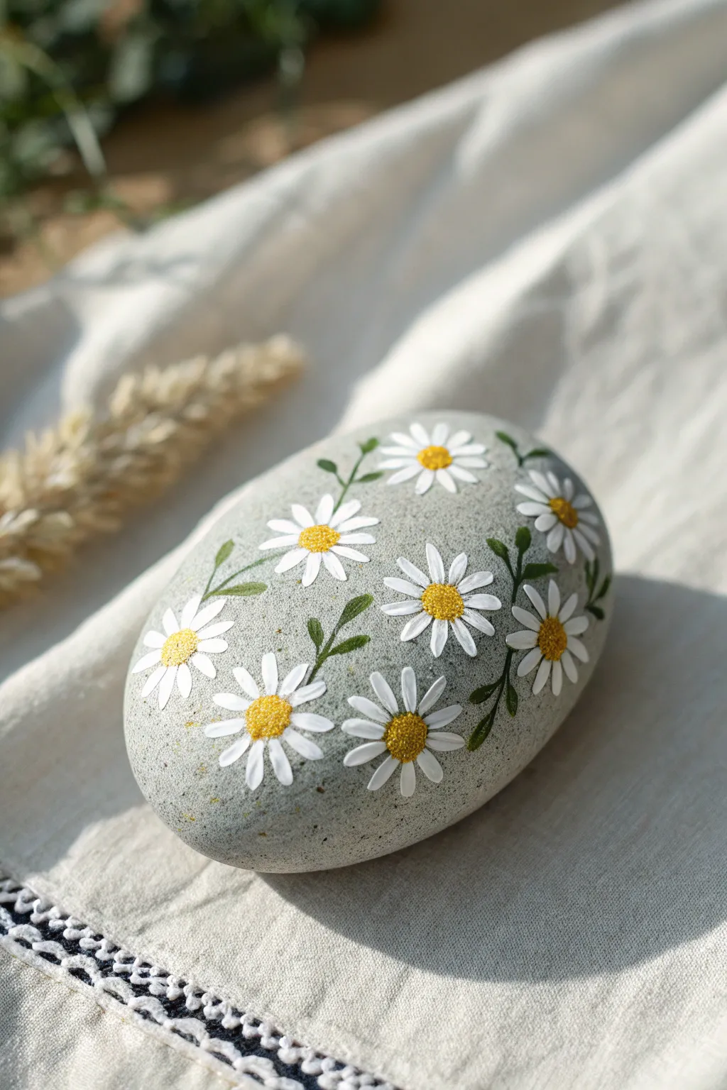 Minimal daisy border rock painting with a clean center, perfect for calm Scandinavian boho decor