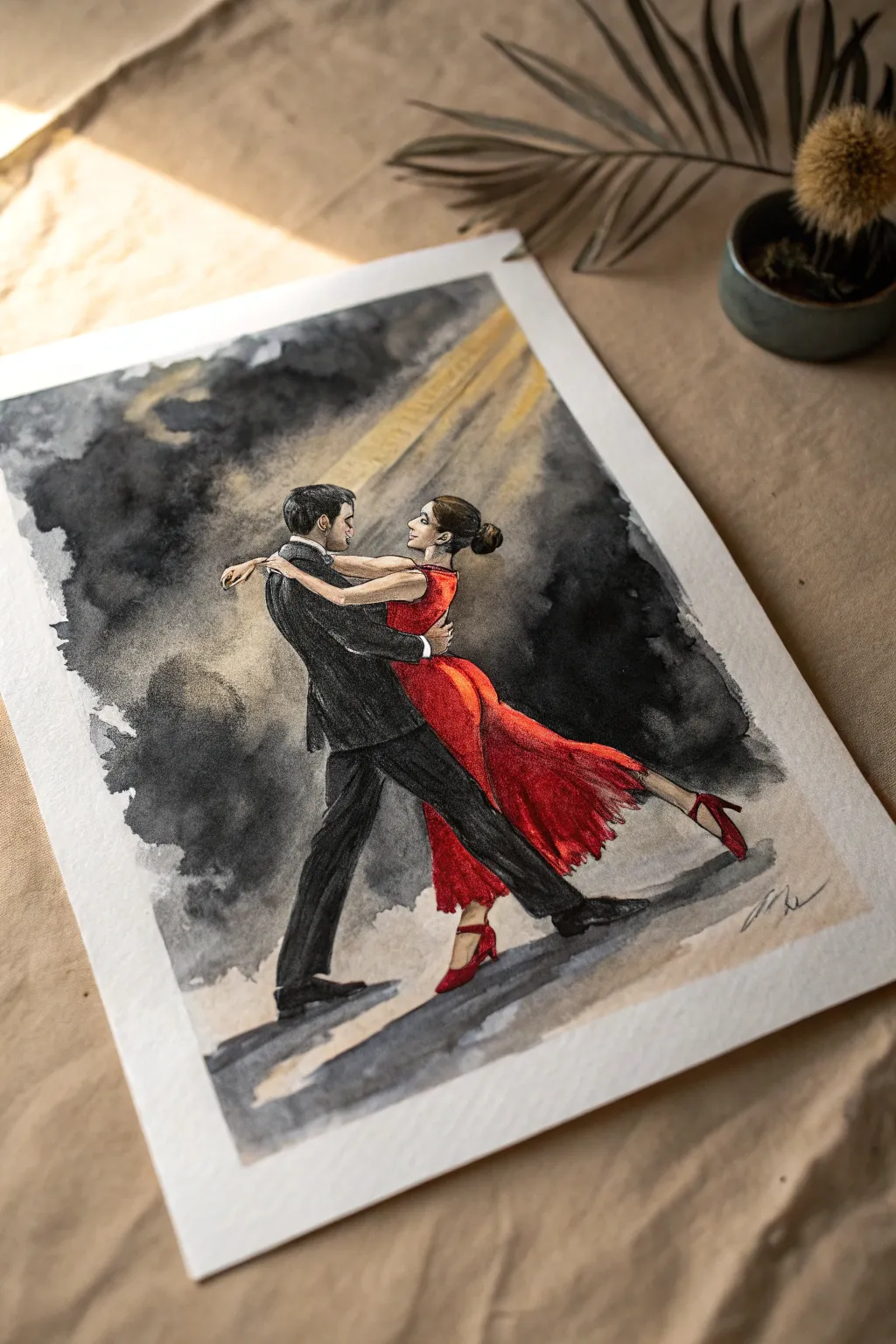 Dramatic tango dip in bold light and shadow with crisp crimson accents for rhythmic tension.