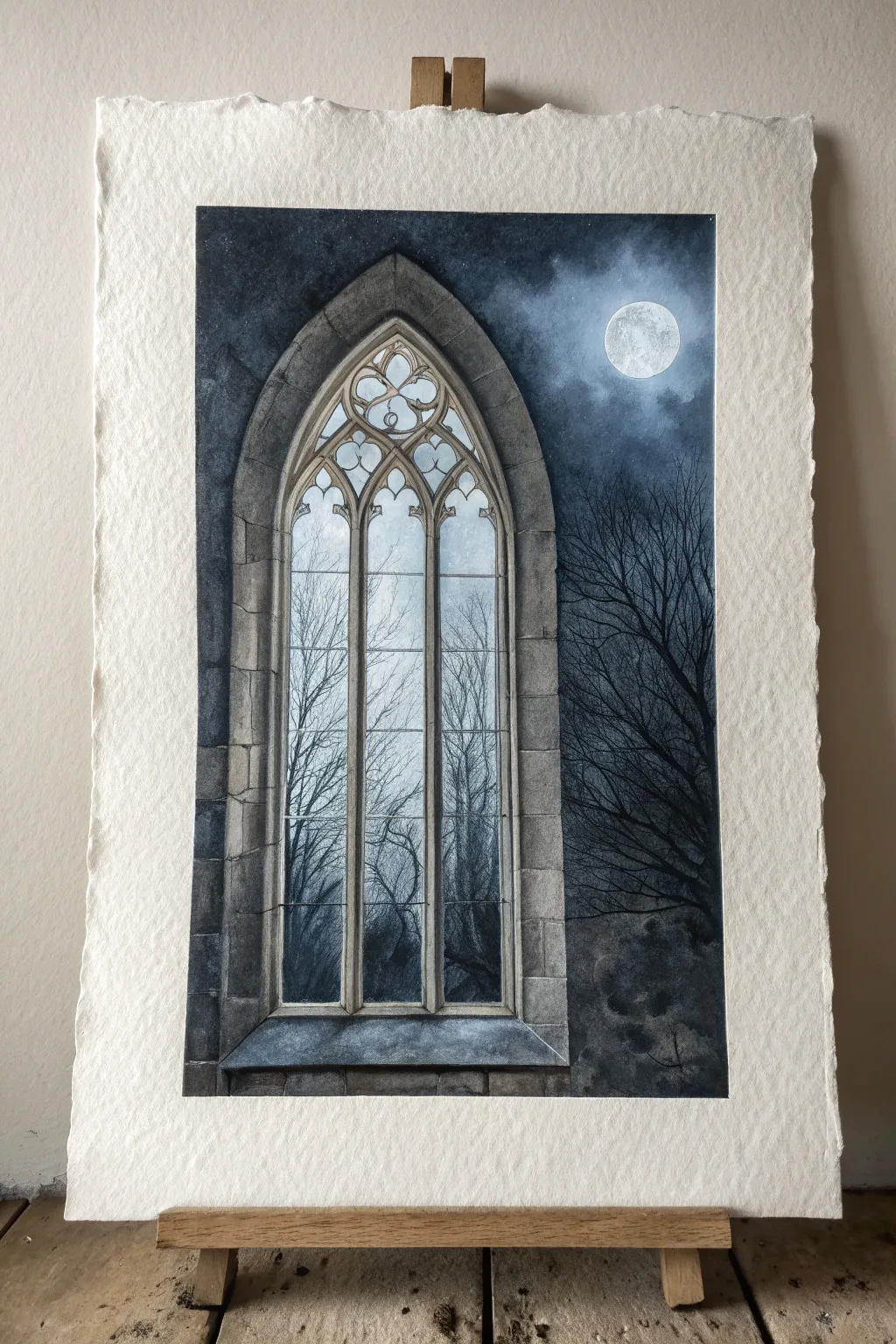 Moonlit gothic window study with drifting dust, cool gray-blue tones for dark academia calm.