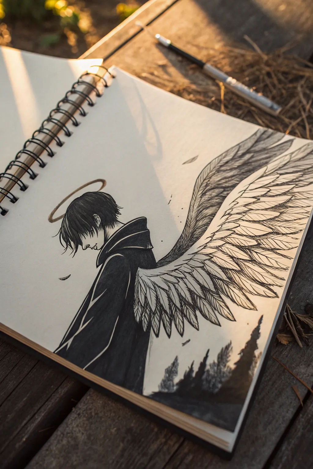 Melancholy fallen angel sketch with a cracked halo, smoky wings, and minimalist moody contrast.