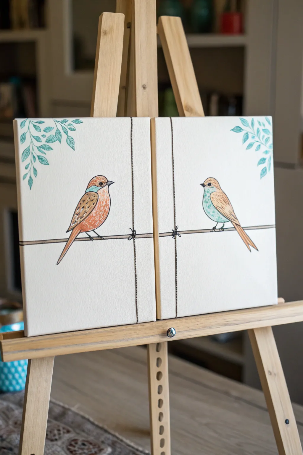 Date night diptych: two lovebirds on one wire, each partner paints a bird for a sweet match.