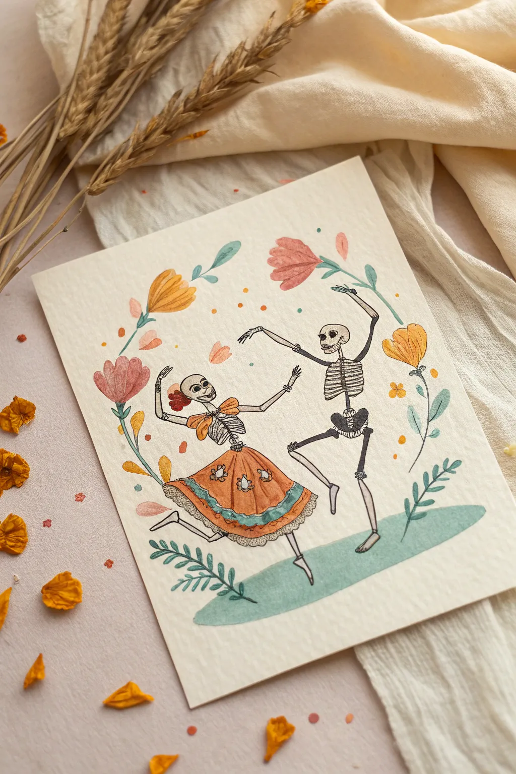 Day of the Dead dancing calacas in minimalist boho colors, perfect for an easy painting idea