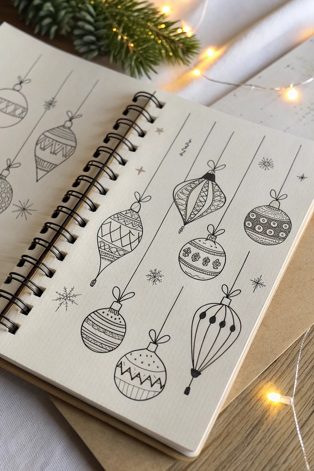 Ornament pattern sampler for December: clean shapes with dots, zigzags, and tiny stars.