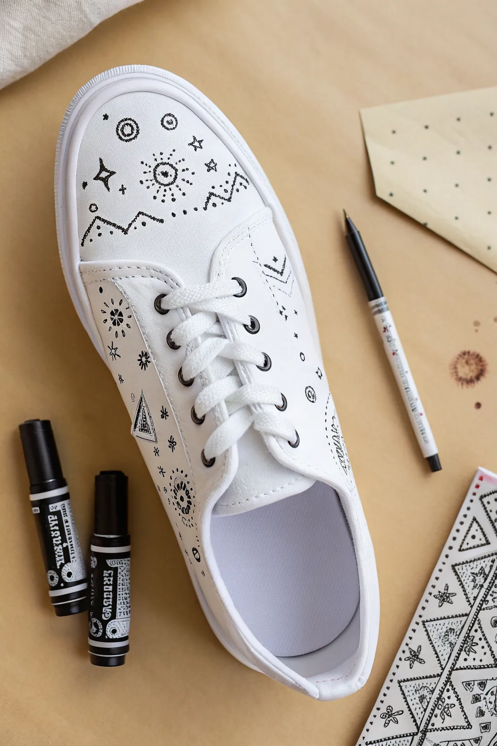 Fine-line doodle sneaker inspiration with bold black patterns, plus markers and a test sheet