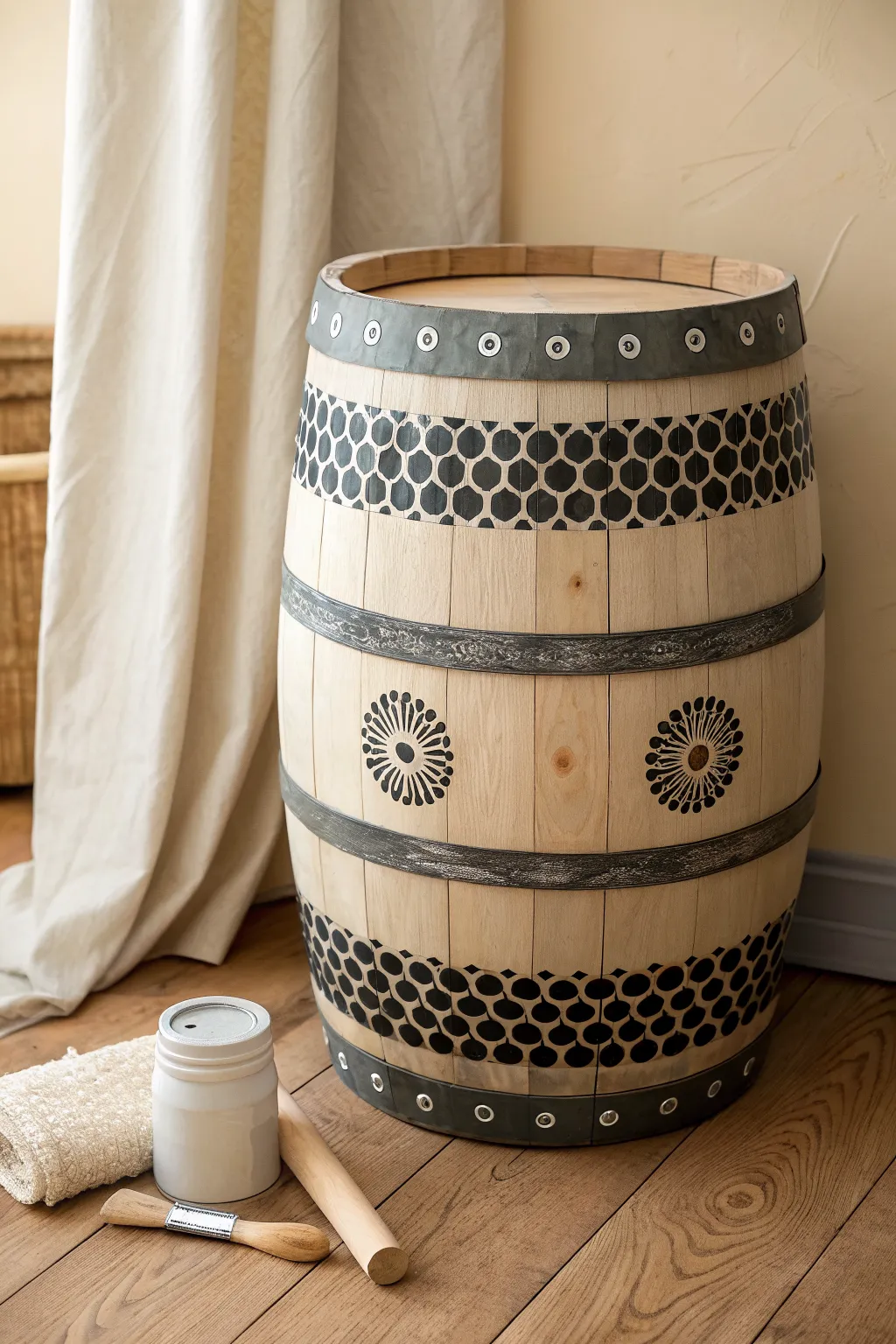 Crisp stencil bands turn a simple painted barrel into clean, modern boho decor in minutes.