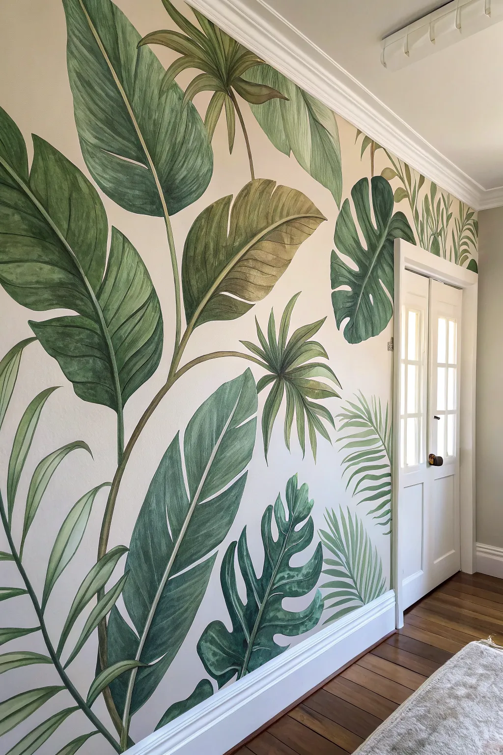 Oversized hand-painted leaf mural in layered greens, a calm Scandinavian-boho focal wall.