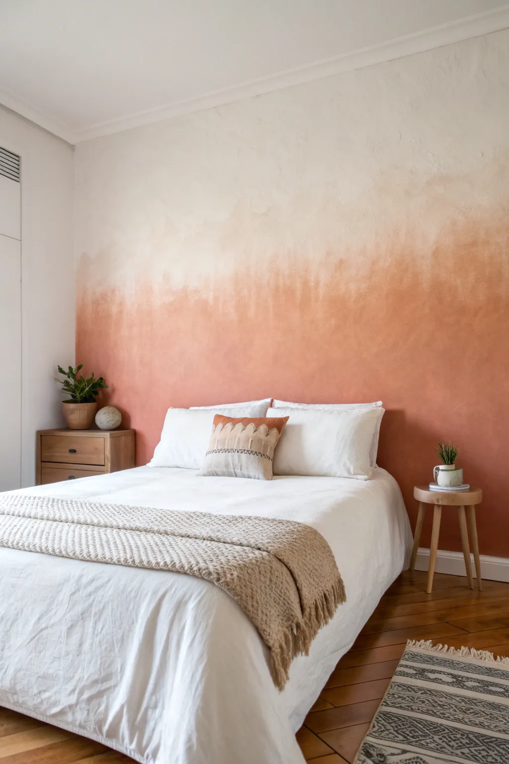 Soft ombre fade from warm ivory to clay terracotta, a calm handmade wall painting idea.