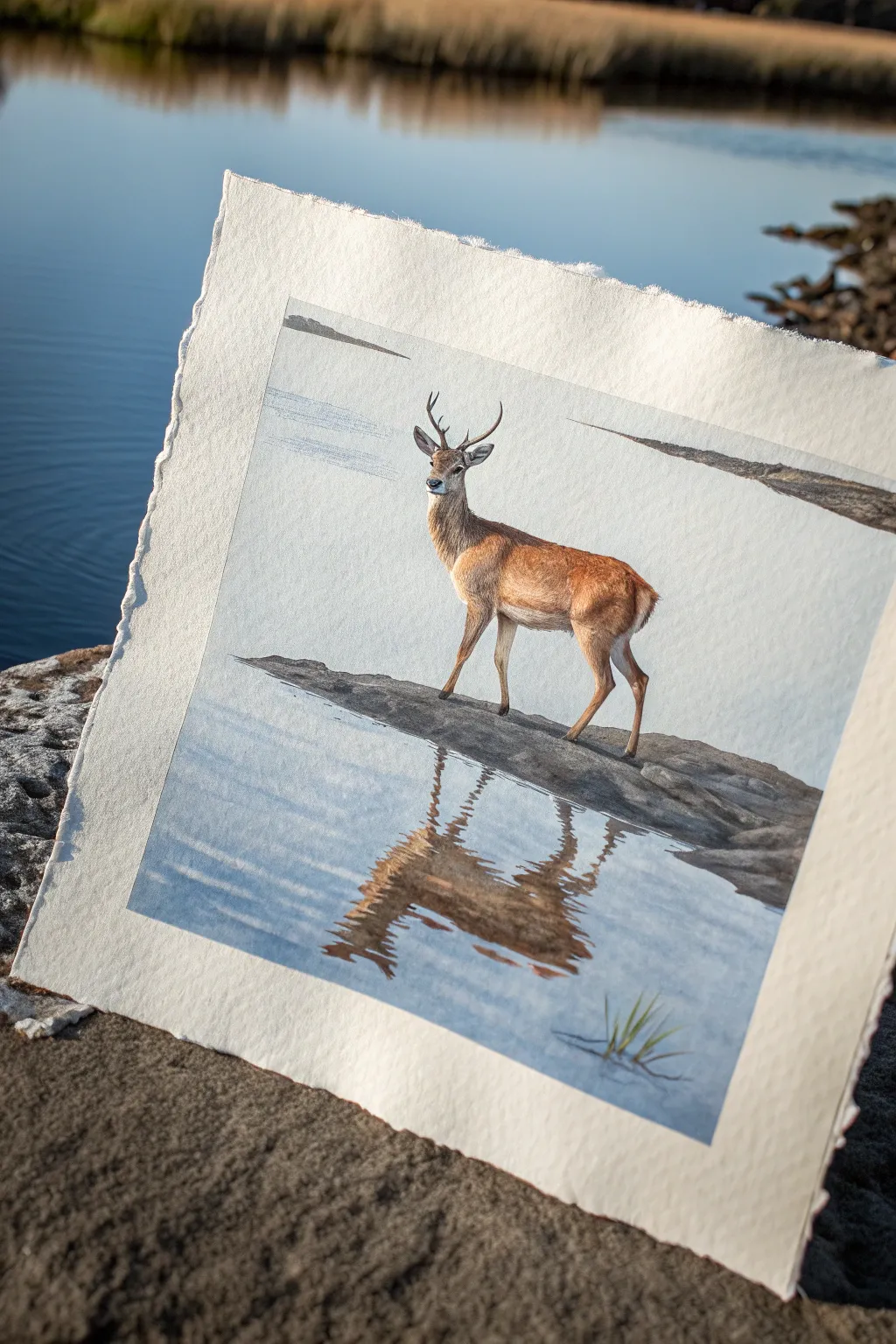 Minimalist deer by a reflective pond, gentle ripples and bright sky contrast for calm drama