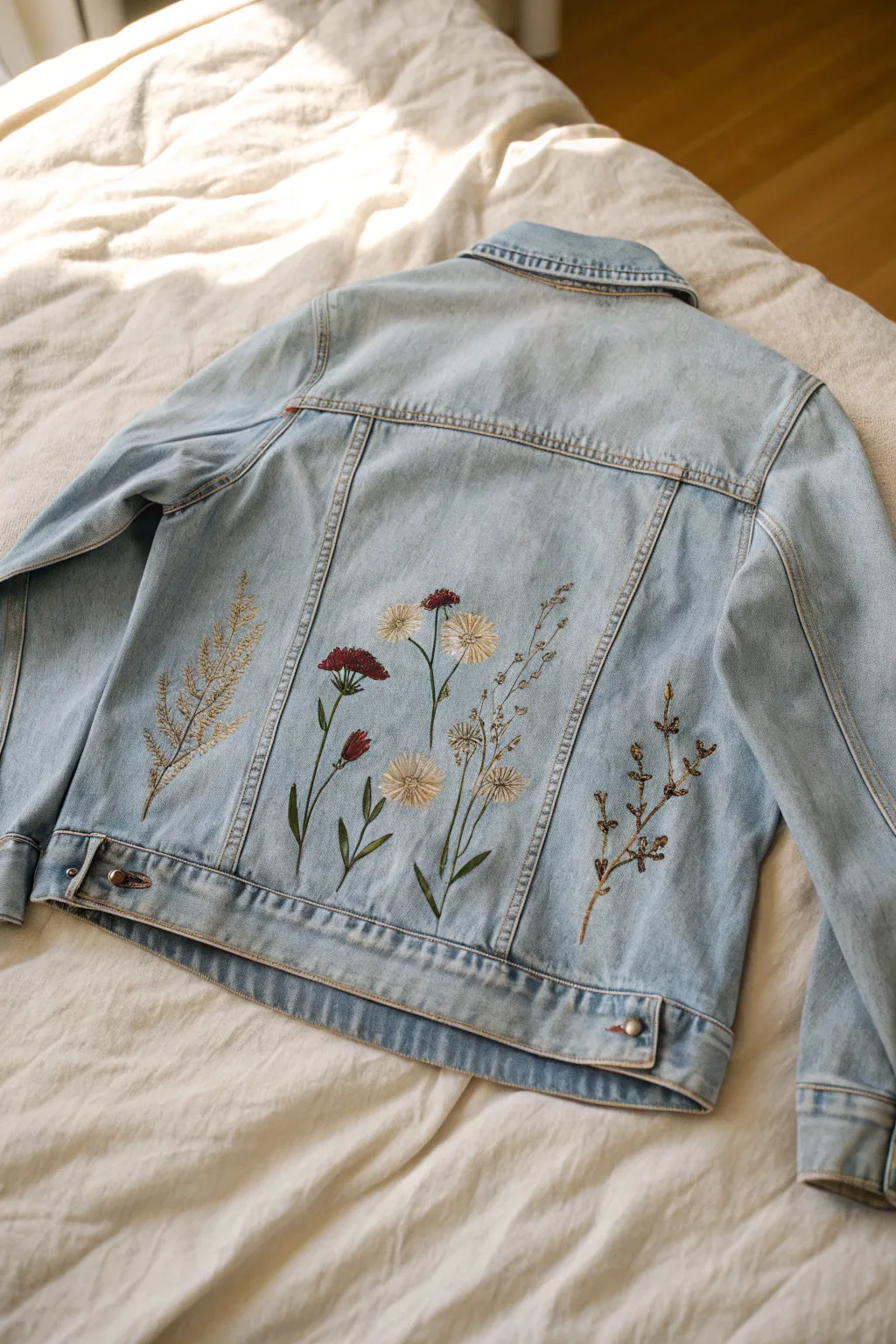 Painted wildflowers drifting over denim seams for a soft, handmade jacket makeover idea