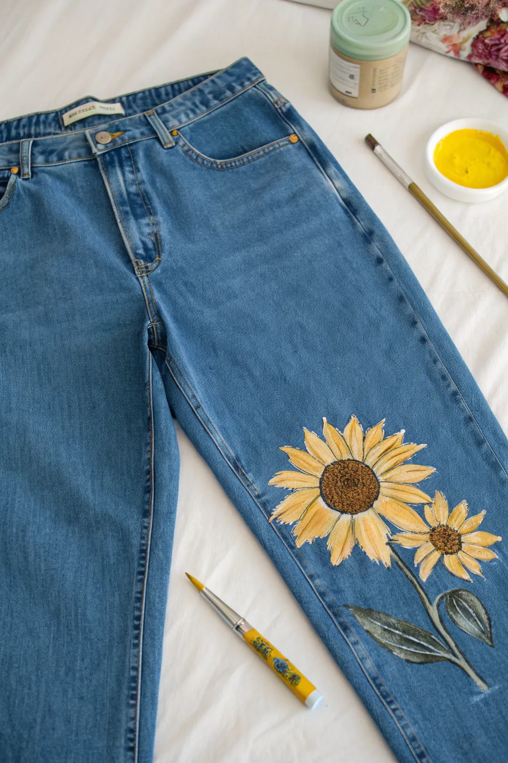 A simple sunflower knee accent on denim for an easy, sunny DIY with a soft minimalist vibe