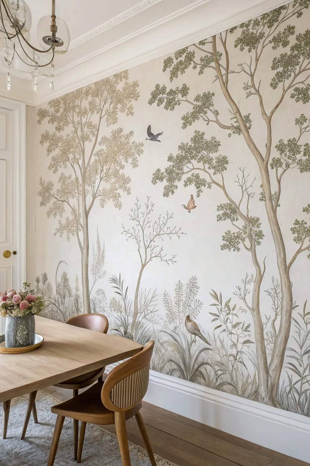 Vintage garden etching mural brings an illustrated outdoor calm to minimalist dining walls