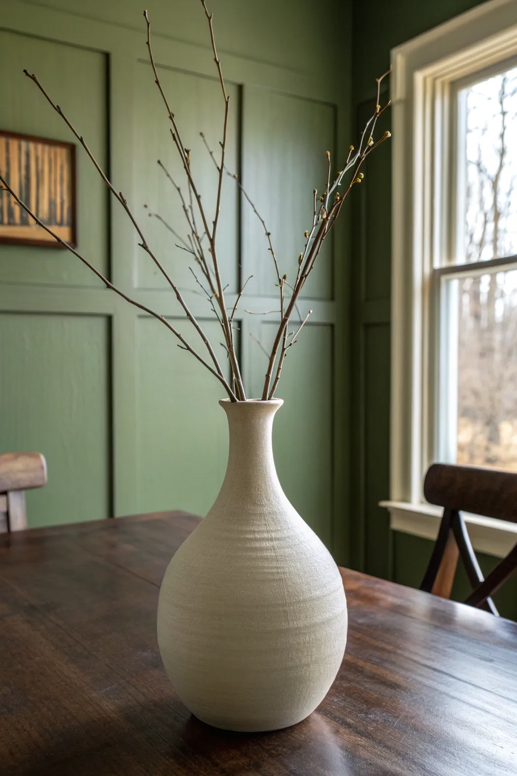 Olive green walls and dark wood create cozy earthy depth with a simple ceramic focal point.