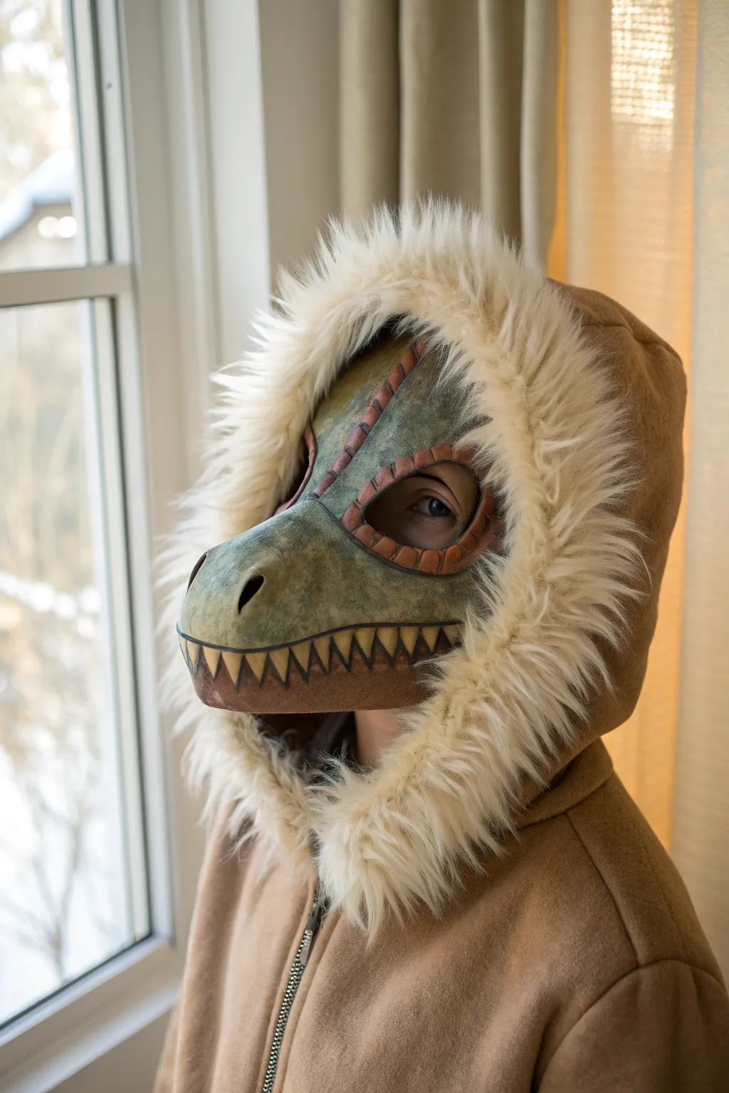 Faux fur hood upgrade: a cozy dino mask close-up with neat seams and soft Scandinavian tones.