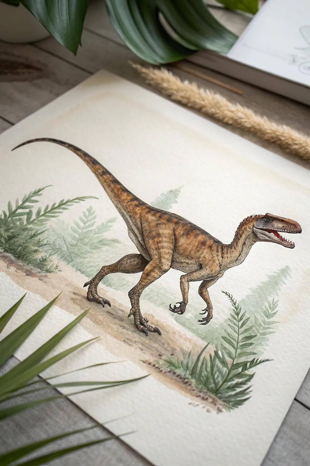 Velociraptor mid-leap sketch with clear sickle claw and minimalist speed lines in soft earth tones