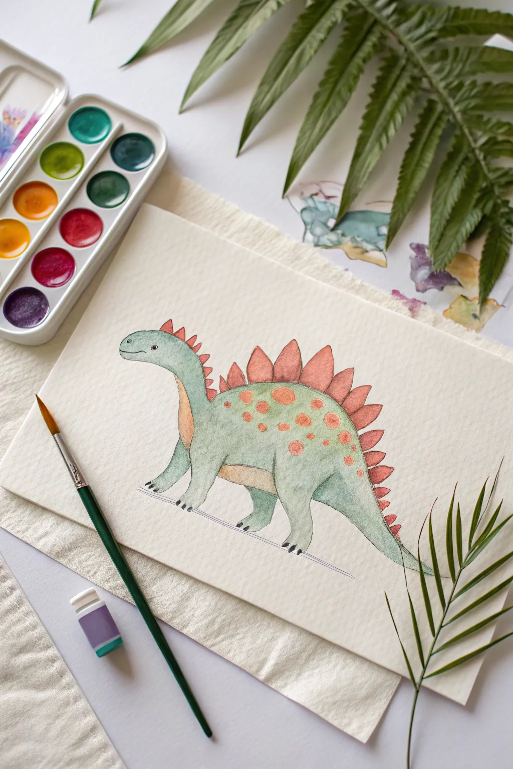 Cute stegosaurus with bright zigzag spikes, minimalist watercolor vibe for easy painting inspiration
