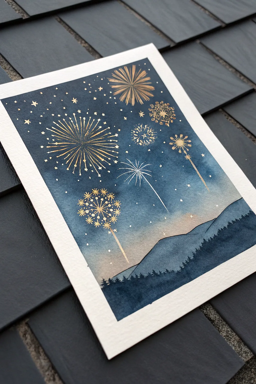 Minimal indigo sky watercolor with golden Diwali fireworks, perfect for an easy night-sky drawing