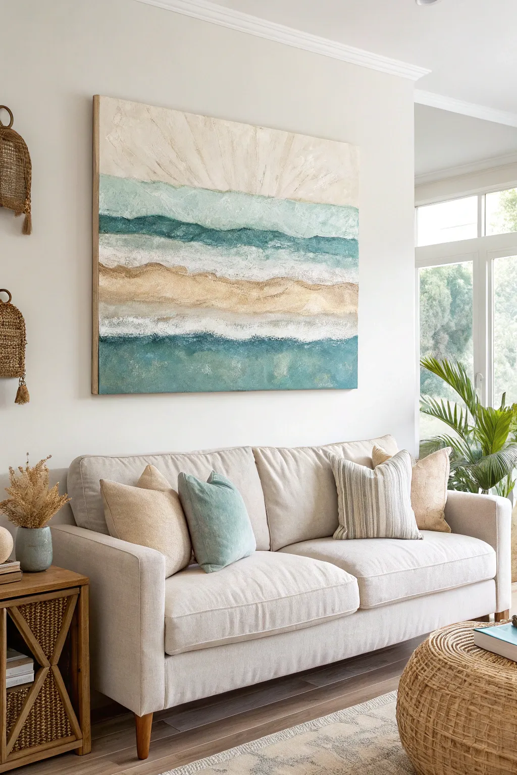 Calm coastal wave band canvas DIY that brings airy Scandinavian boho charm to your living room