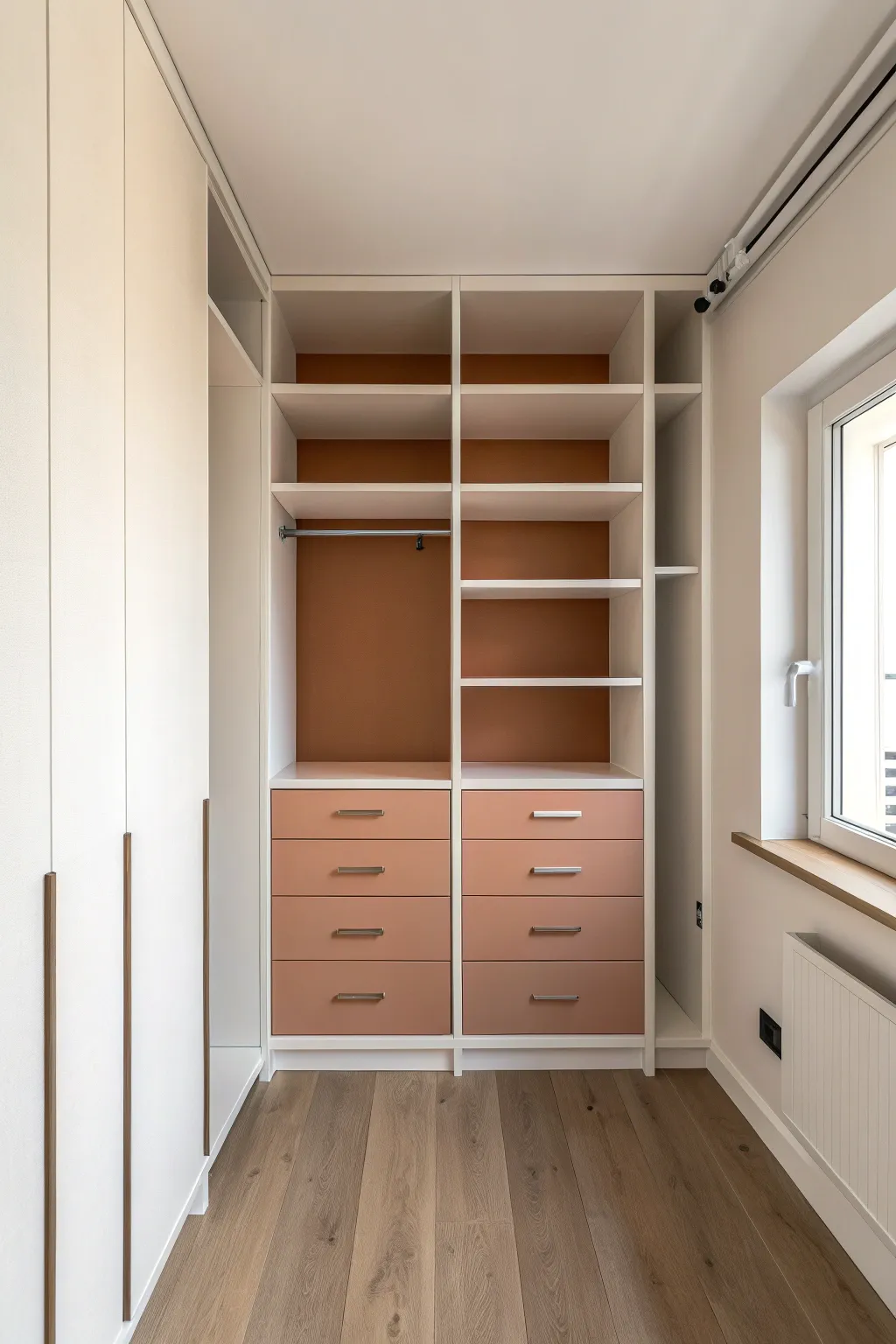 Clean two-tone closet built-in with a crisp shelf-line divide and soft Scandinavian contrast.