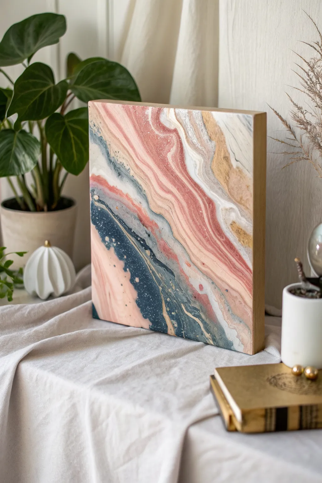 Glossy acrylic pour swirl on a small panel, mid-flow and ready to dry into marbled ribbons.