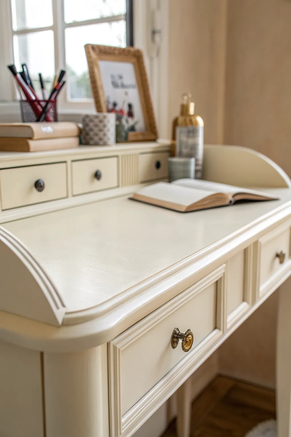 Soft satin painted desk corner with gentle light reflection for a polished DIY finish.
