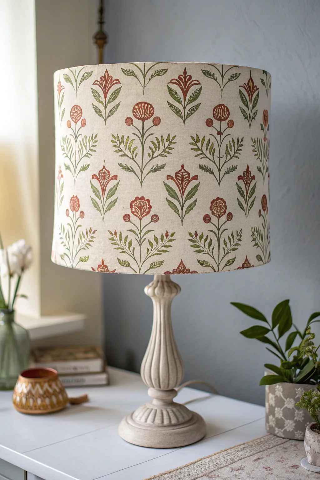 Allover stencil charm: a hand-painted lampshade with minimalist lines and soft boho warmth