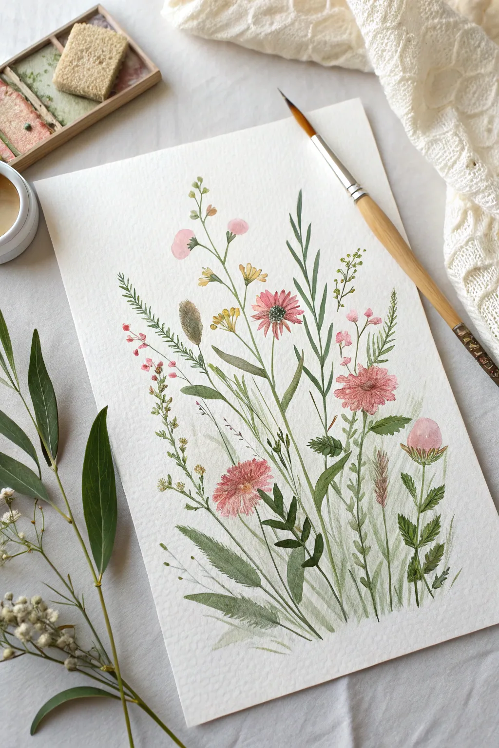 Dot-and-dab wildflower meadow in a limited palette, crisp texture and calm Nordic-boho mood.