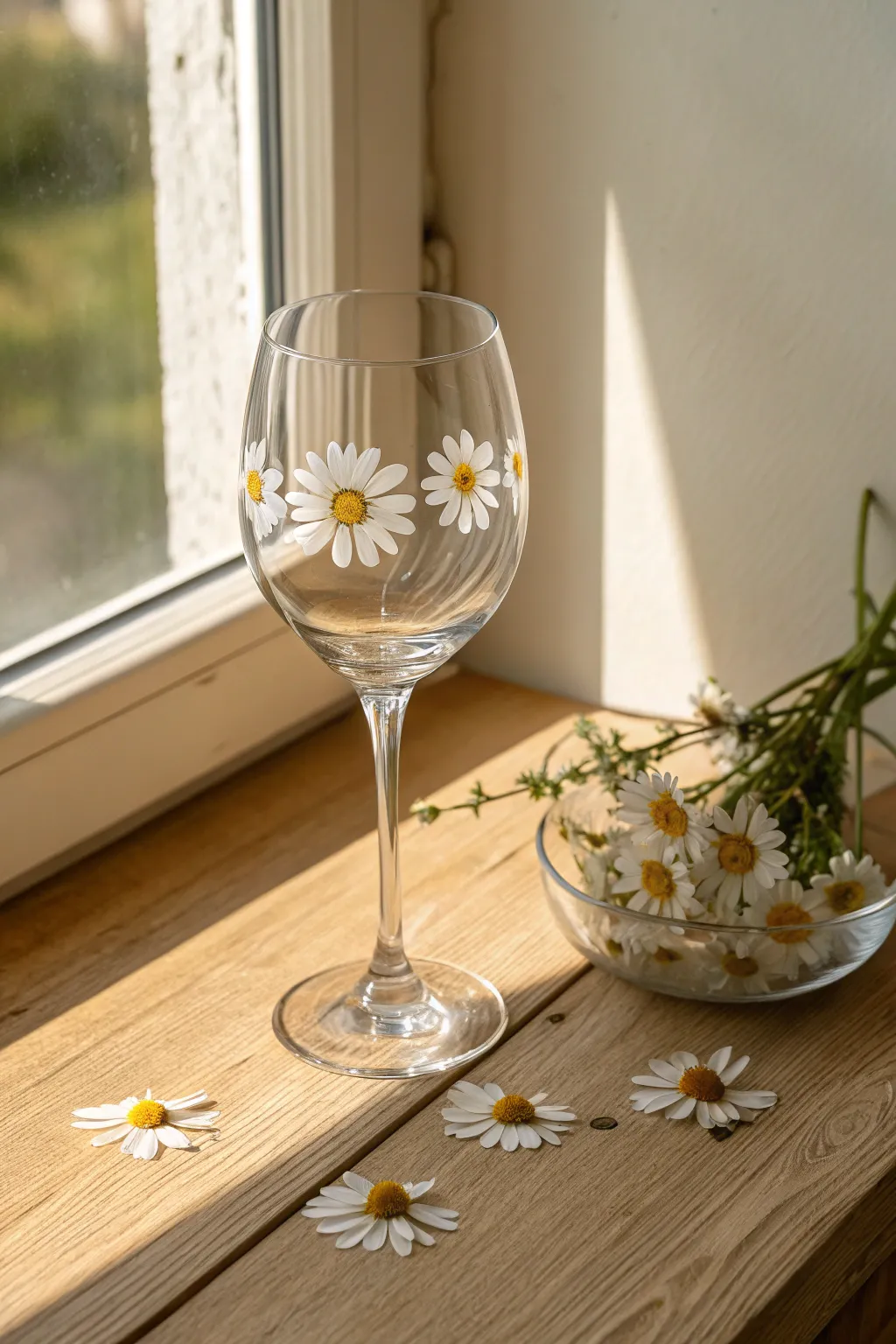 Classic painted daisies on a wine glass with one bloom left unfinished for DIY inspiration.