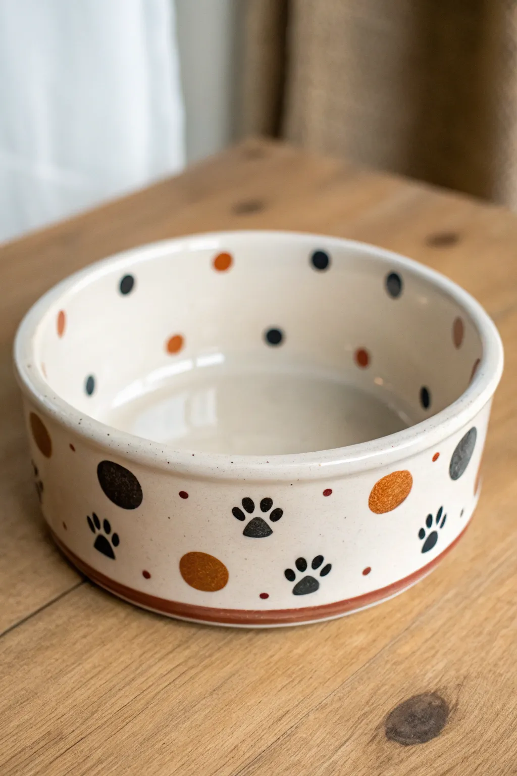 Playful polka dots with tiny paw prints on a minimalist ceramic dog bowl, cozy studio tones.