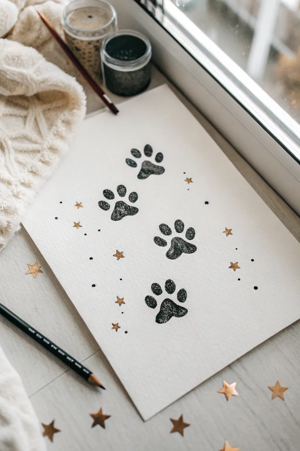 Simple dog paw print doodles in a clean minimalist trail, high contrast and easy to recreate