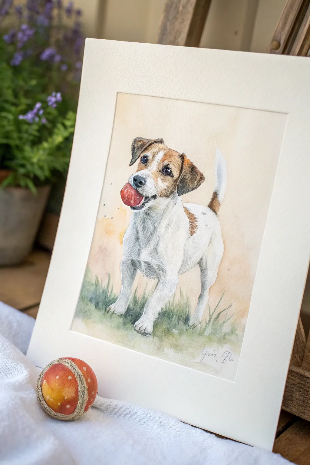 Playful dog with its favorite ball, minimal boho palette and crisp contrast to paint