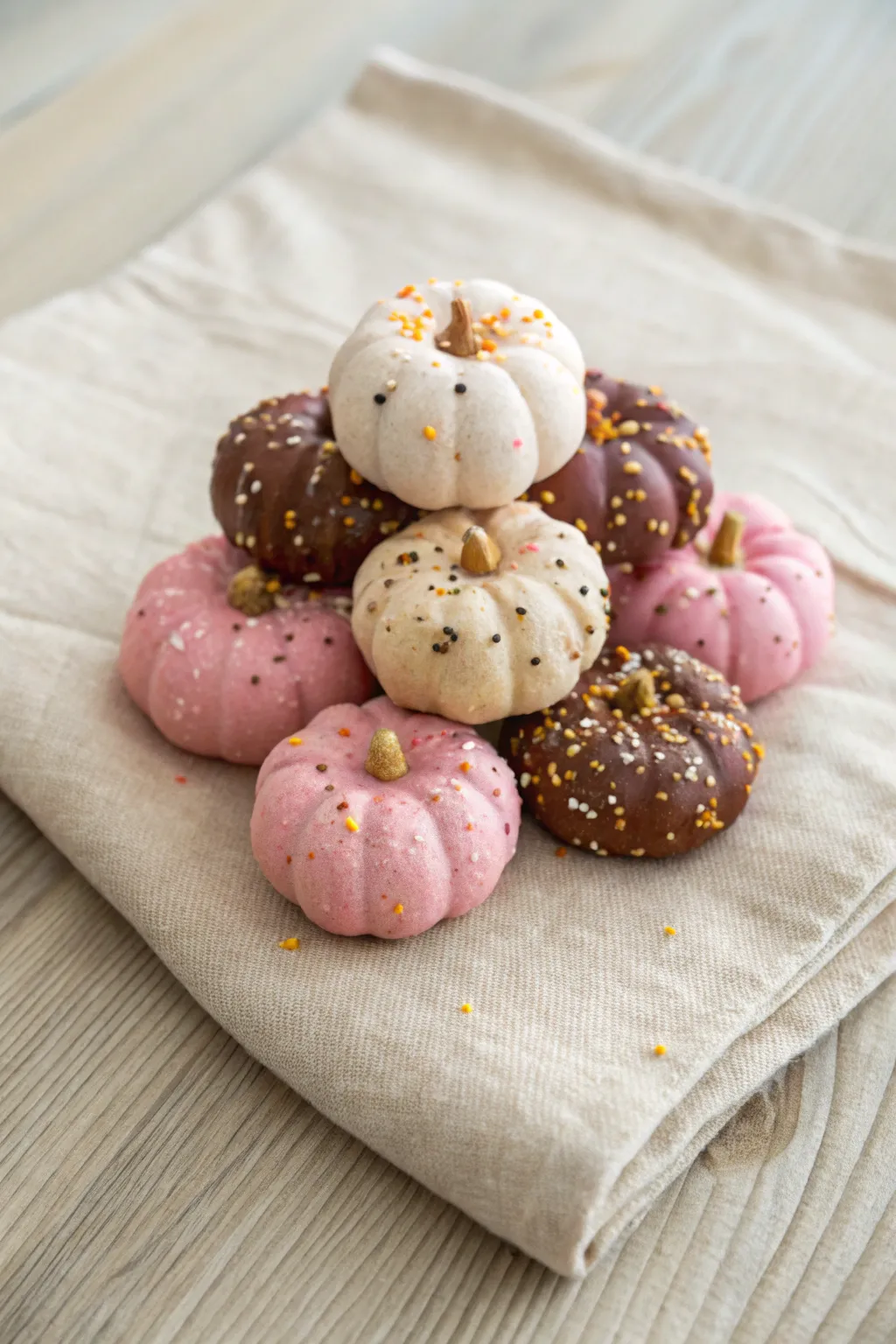 Mini donut pumpkin holes in pink, chocolate, and vanilla, styled like a cozy bakery assortment.