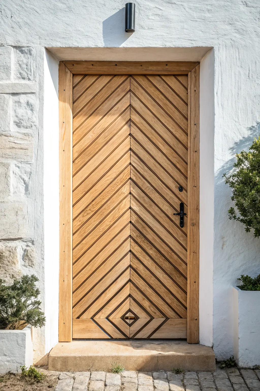 Bold chevron Art Deco lines on a minimalist door, high contrast and uplifting vertical energy