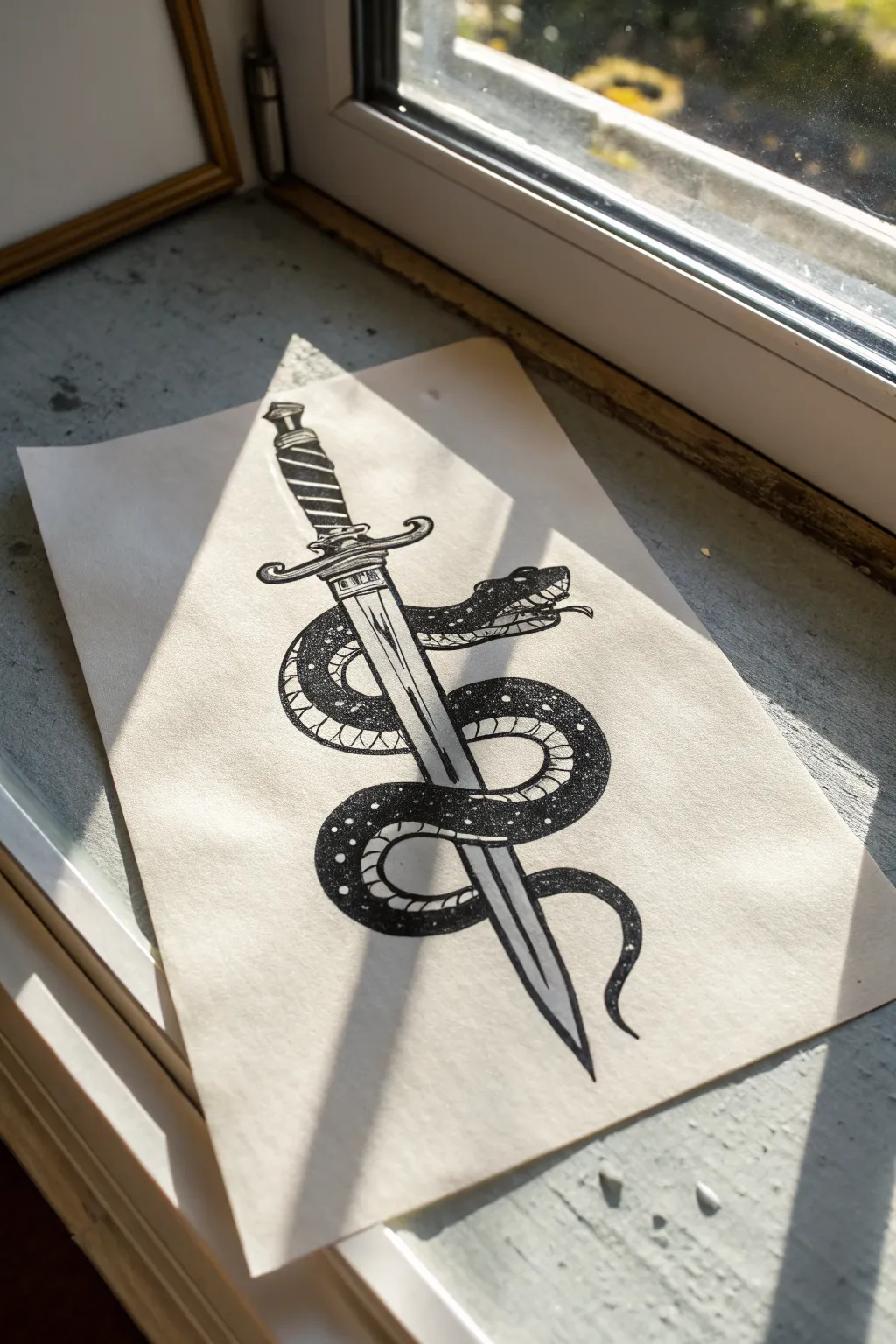 Bold tattoo-flash sketch: a snake coiled around a gleaming dagger, crisp and minimalist