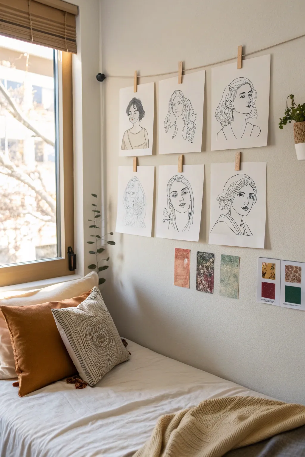 Simple line art portraits taped above a dorm bed, with tiny swatches for a personal touch