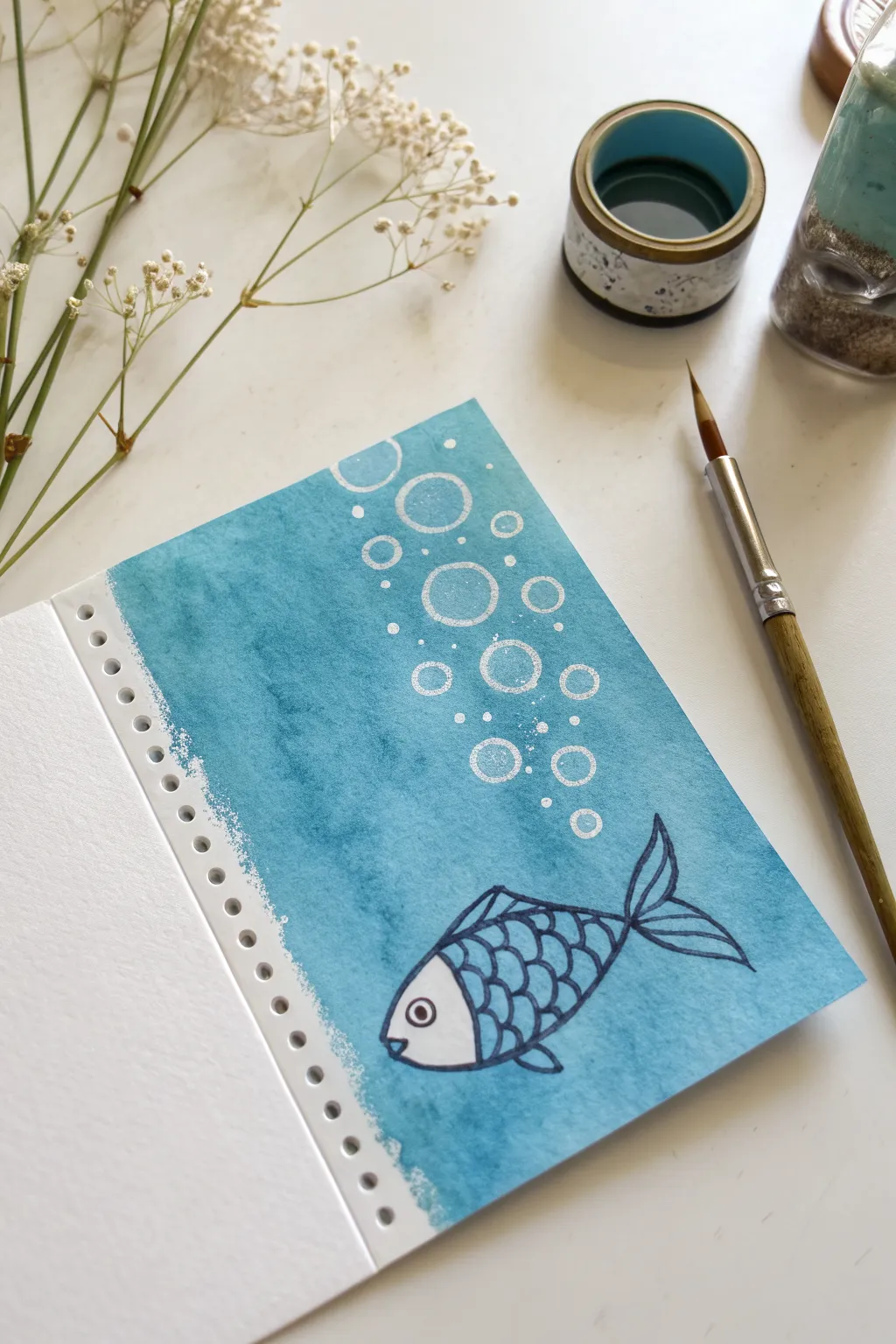 Under-the-sea fish made with simple dot scales and bubbles, perfect for kids dot painting