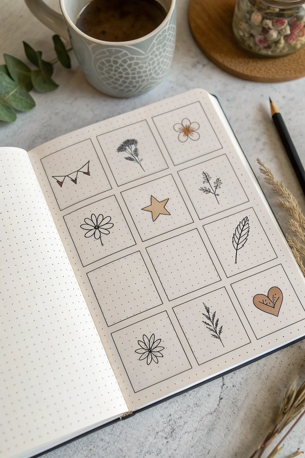 Mini doodle sampler grid on dot paper for quick, consistent notebook drawing practice