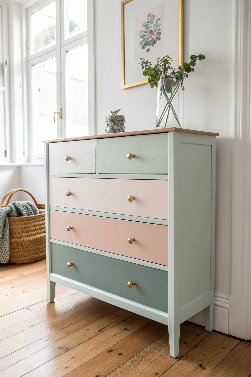 Soft pastel drawer fronts in sage, blush, and powder blue for a calm, airy dresser update.