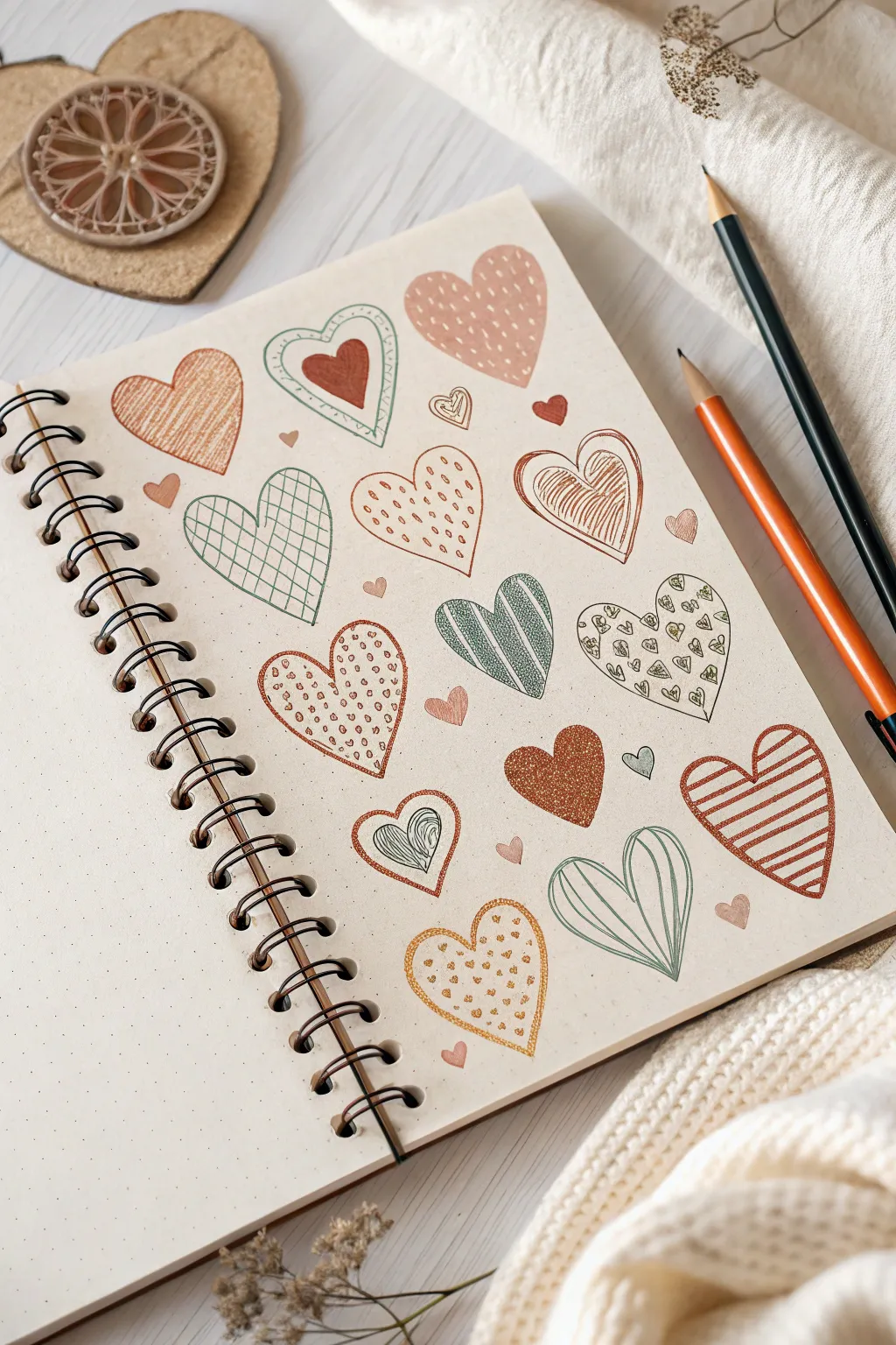 Pattern-filled hearts with playful doodles and soft boho colors, perfect for easy coloring